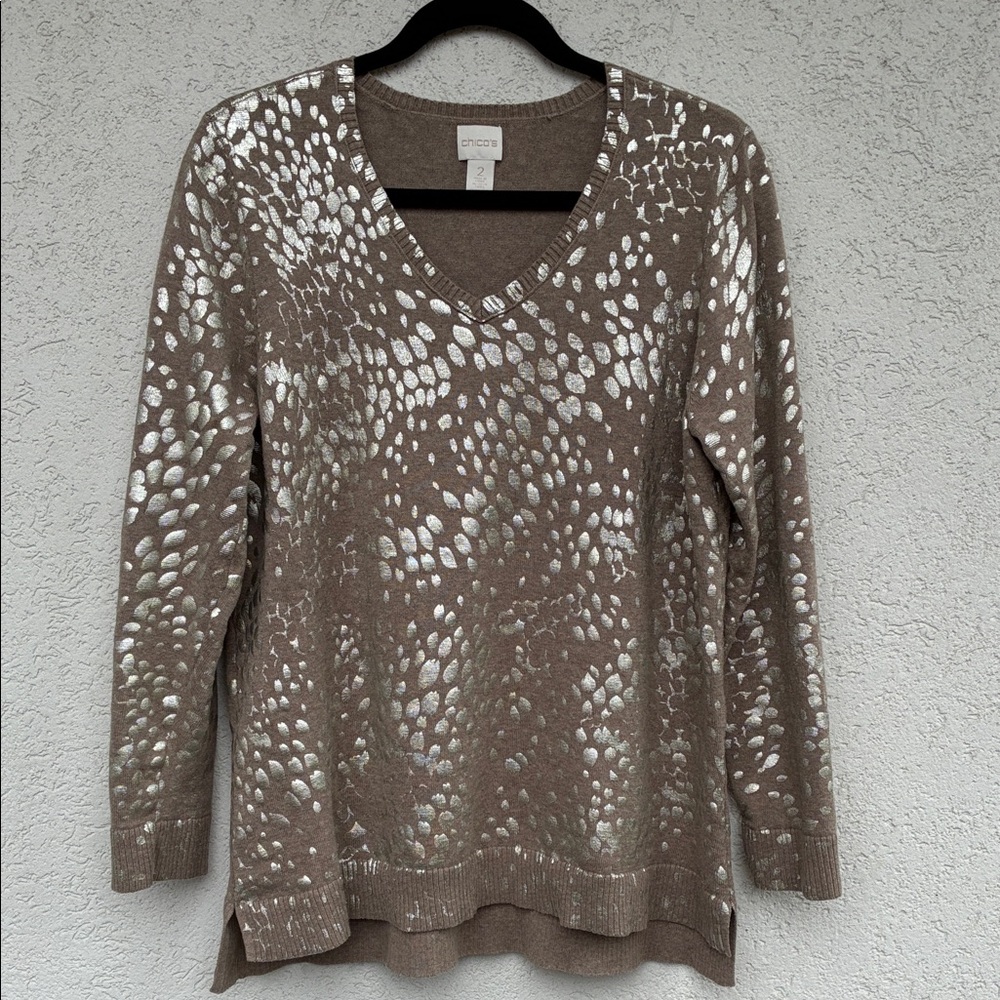 Chico's Taupe V-Neck Metallic animal print dot Sweater